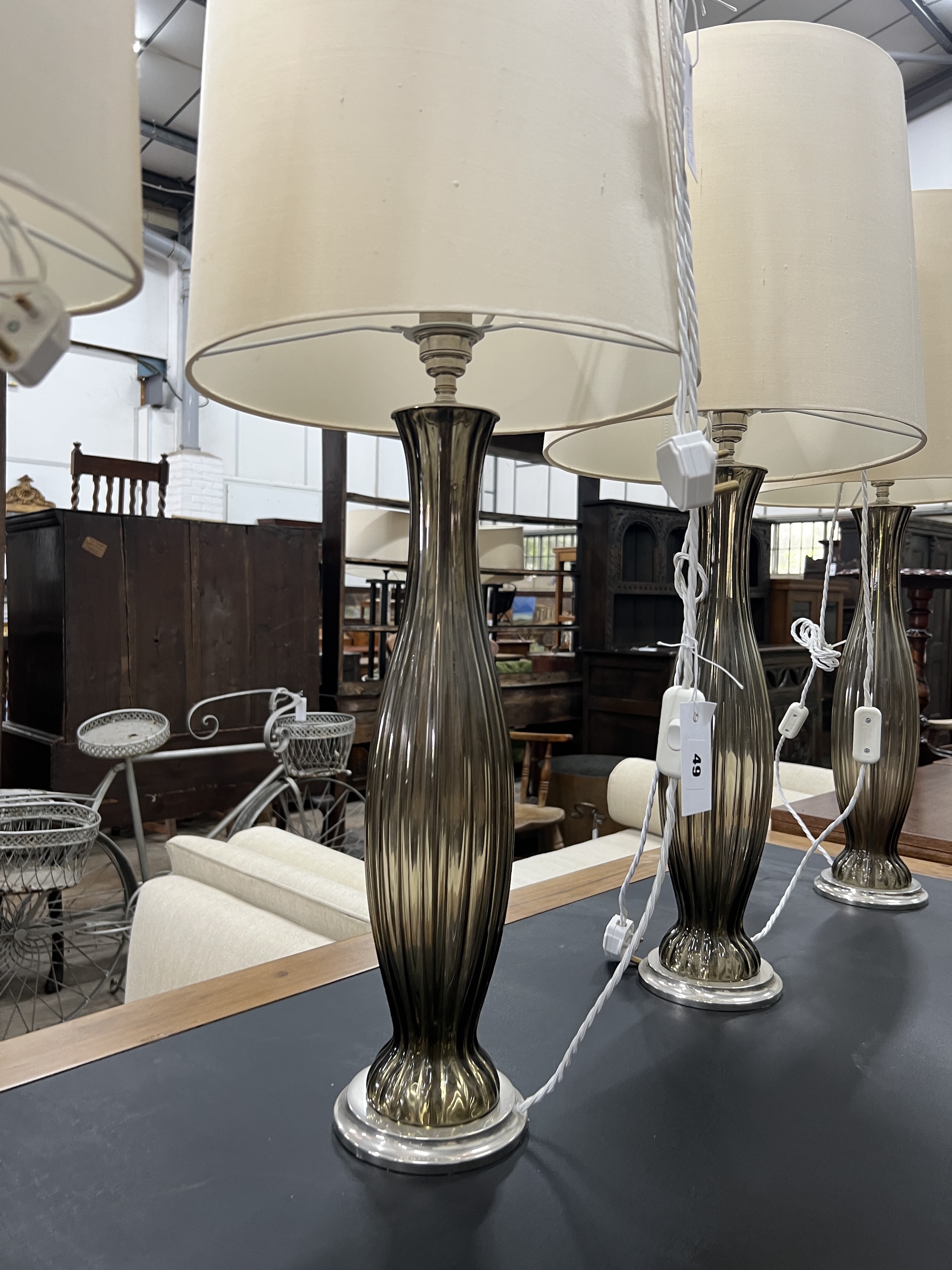 A set of four Bella Figura contemporary fluted glass table lamps and shades, height including shades 86cm